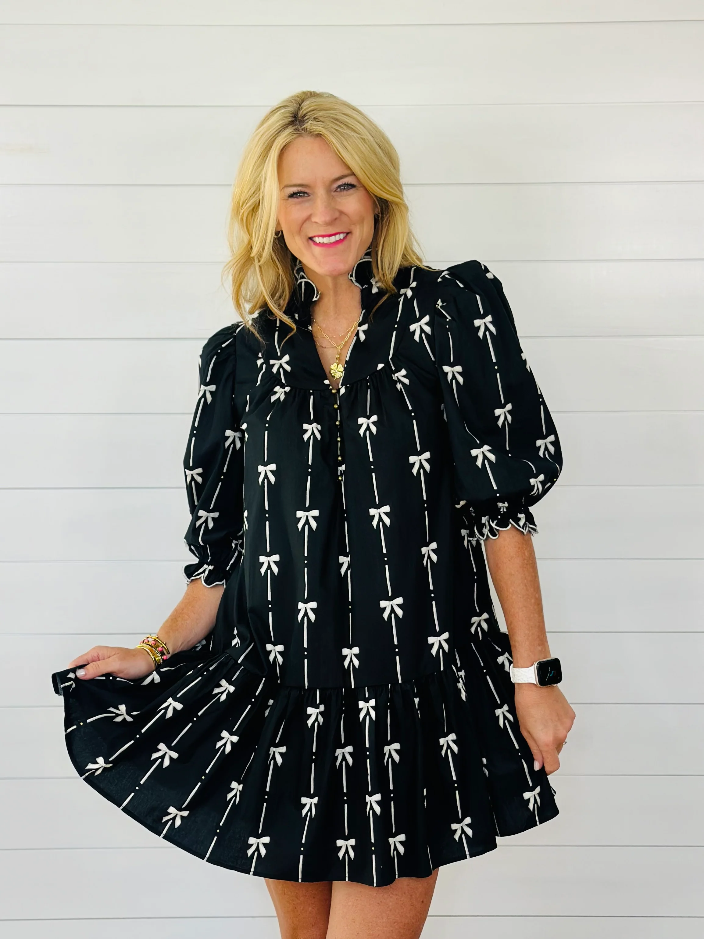 BOW STRIPE DRESS-BLACK