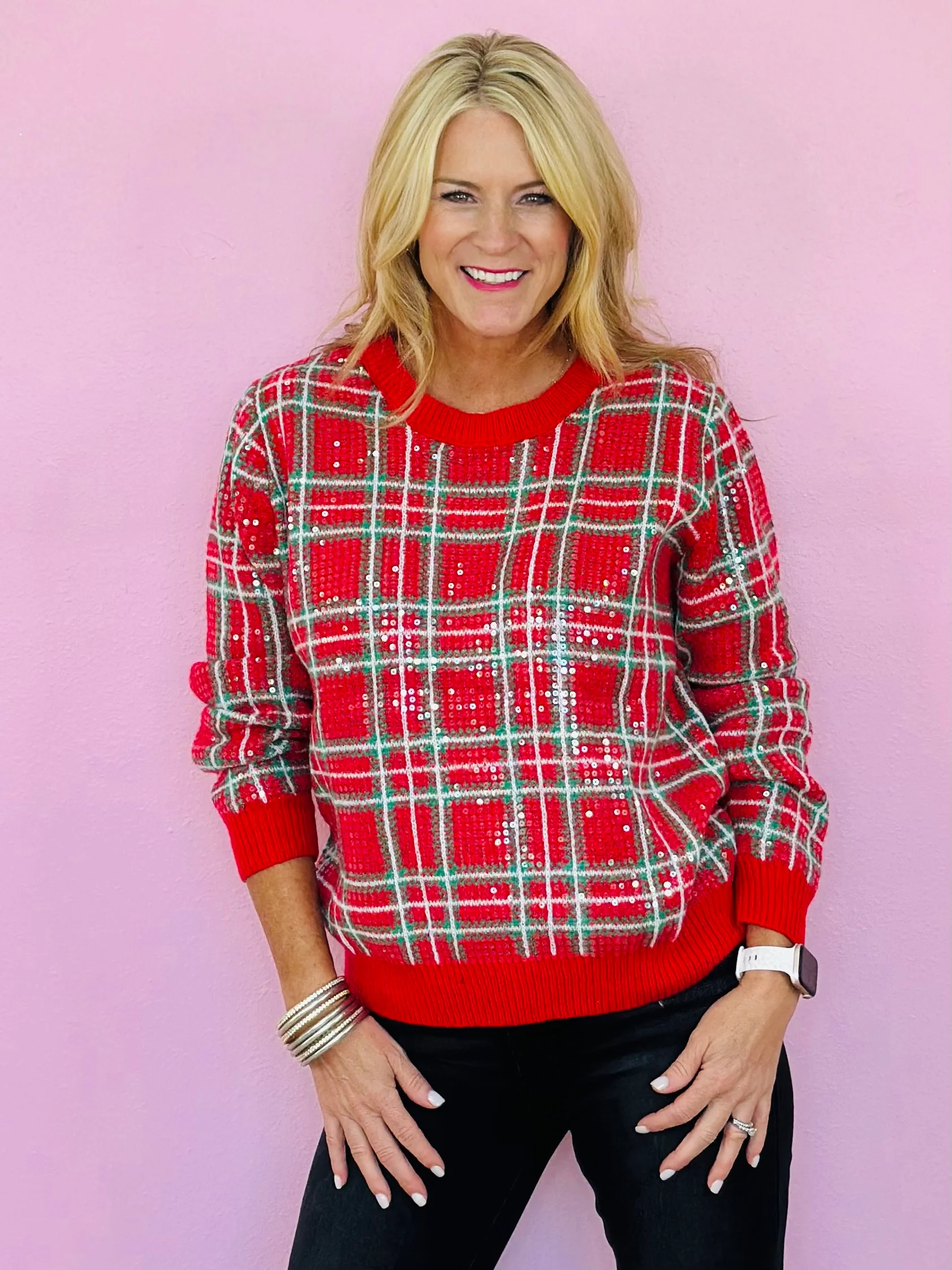 CHRISTMAS PLAID SEQUINED TOP-RED