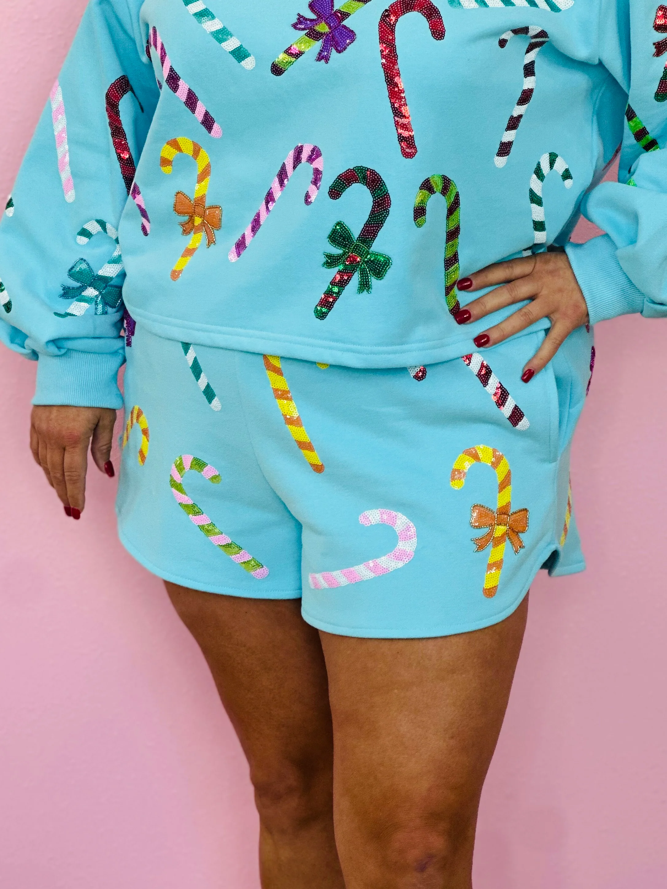 BRIGHT BLUE RAINBOW CANDY CANES SHORTS