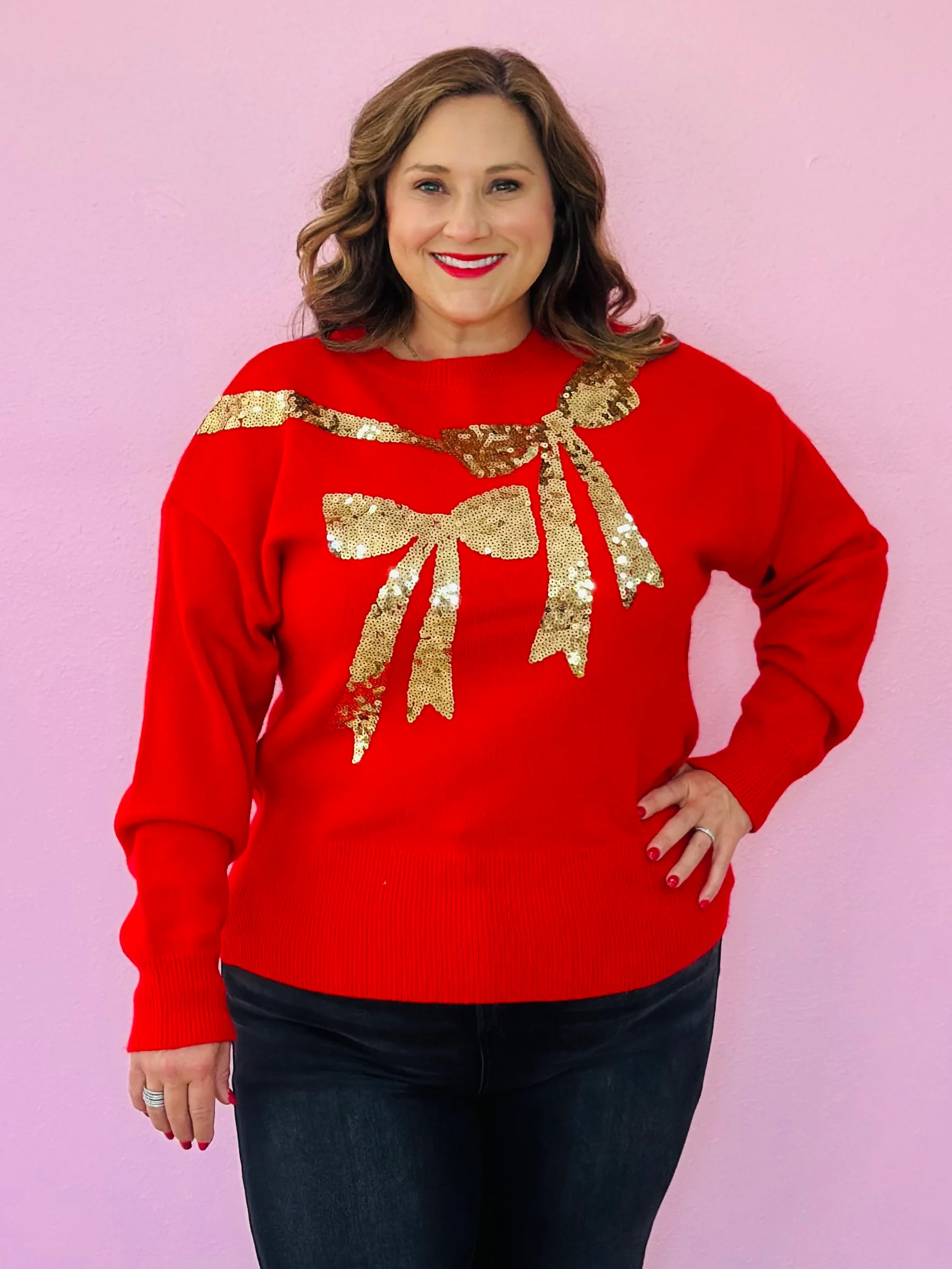 GOLD SEQUIN BOWS SWEATER-RED
