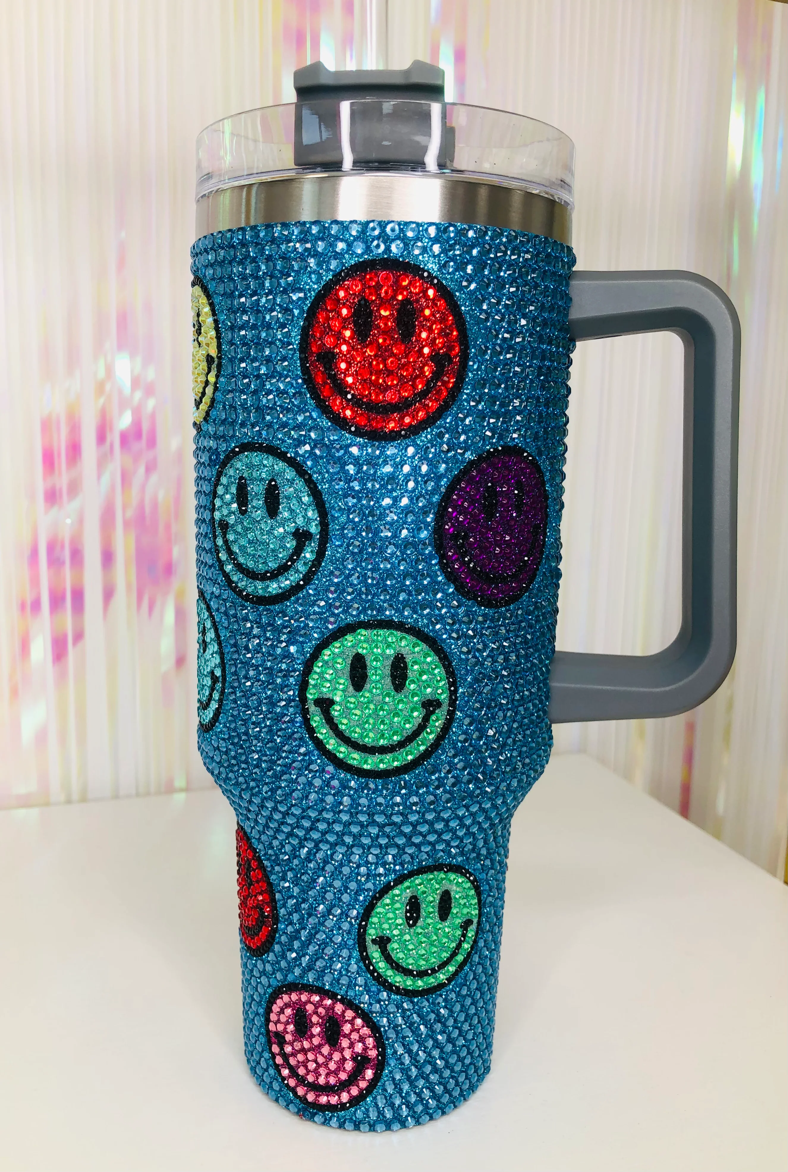BLUE SMILEY FACE RHINESTONE TUMBLER